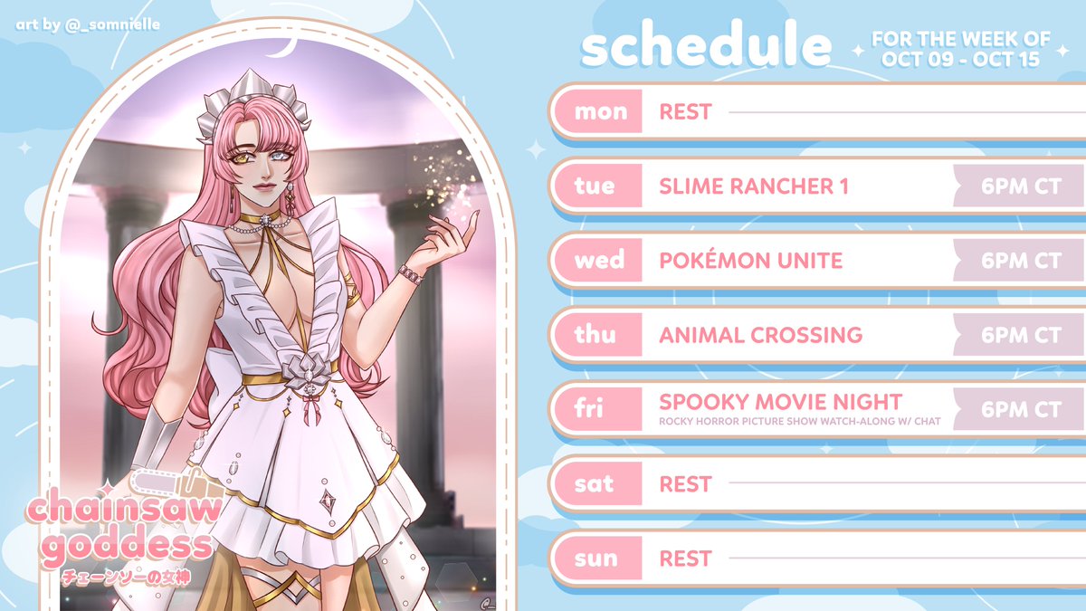 ChainsawGoddess's tweet photo. ✨ SCHEDULE ✨ (I know, crazy)
💜 https://t.co/PMkSgY67q6
🪷 #ChainsawGoddess
🎨 #ChainsPiece
💻 #ChainsLive
Fan name: #Chainpions
First movie watch-along this Friday! Seeya there! 💖
Art by @_somnielle
Schedule graphic by me
#VTuber #VTuberUprising https://t.co/LrpFvIZoRZ