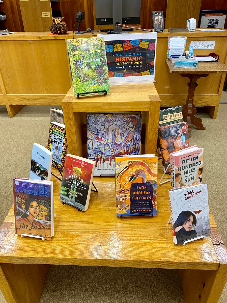 SMLionsLibrary's tweet photo. @SMLions have you checked out the National #Hispanic Heritage Month book display at @SMLionsLibrary? Or leafed through the "Hispanic Art in the United States" collection? #JohnValadez's #triptych (p.132-135) is especially riveting. #SMLionPride #library #SMLionsLibrary #SMLearns https://t.co/wkmr56eB7b