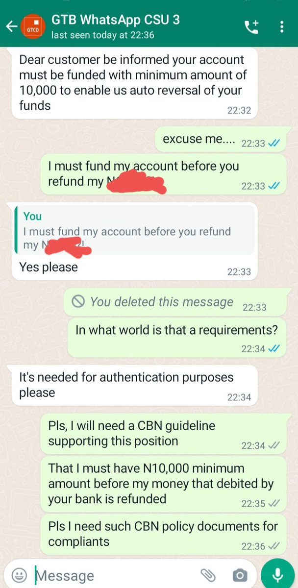 aik_fred's tweet photo. @gtbankhelpI @gtbank @gtbank_help it seems that your bank is operating in total disregard to @cenbank regulations.

@cenbank pls what policy documents  require that I must maintain a minimum deposit with @gtbank before my failed debits are refunded? Pls see attached for @gtbank response to me https://t.co/JqY3IrGfda