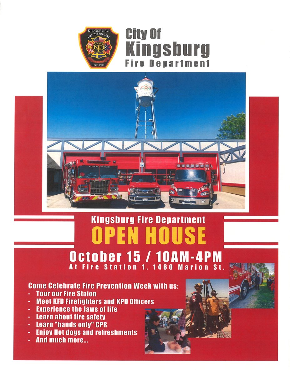 KingsburgPolice's tweet photo. Come on out this Saturday, Oct. 15th to celebrate Fire Prevention Week! There will be fun activities for the whole family! Hope to see you there! https://t.co/SDUnCuqvxT