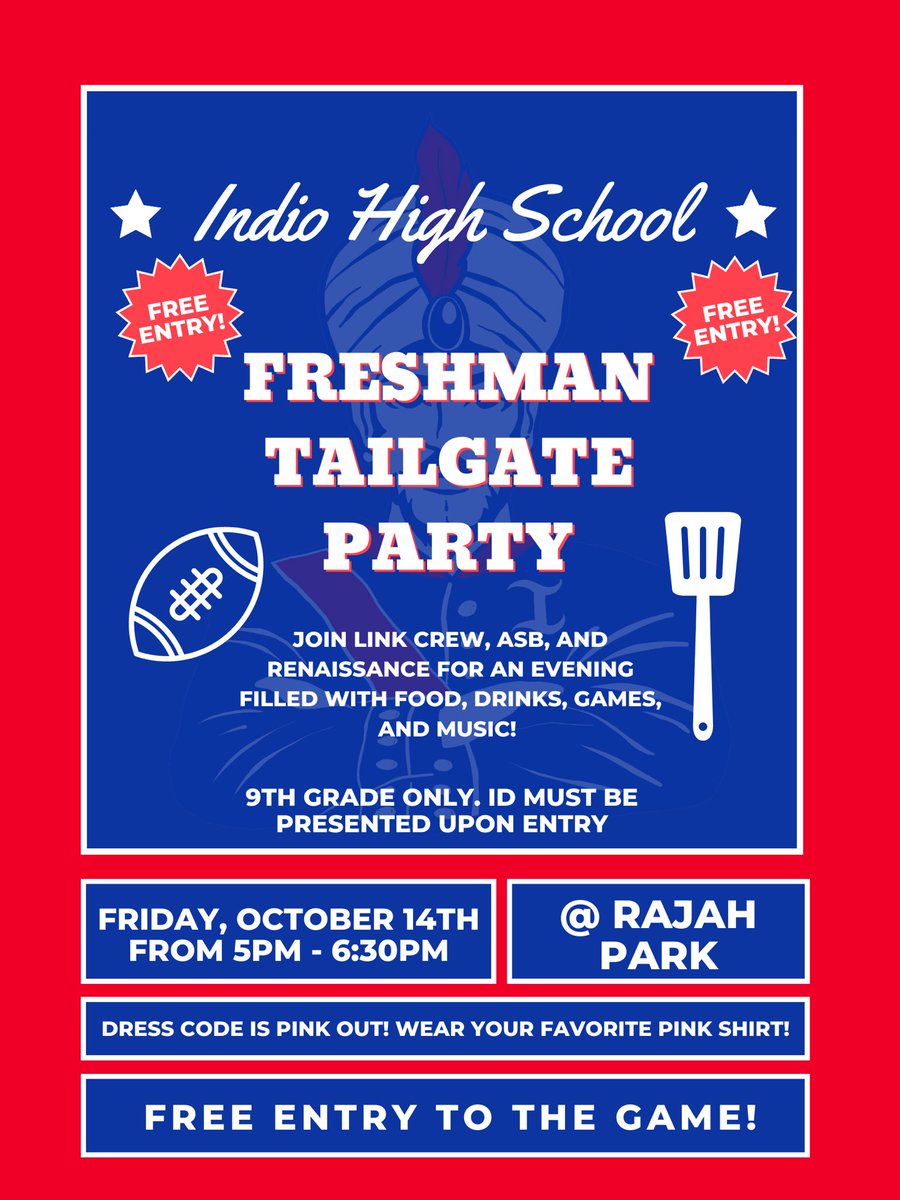 🚨Rajah Freshmen!! We want to see you on Friday night for lots of fun and Rajah PRIDE!! 💙❤️🙌🏼 <a href="/IndioHS_Sports/">Indio High School Athletics</a> @IHSRajahs <a href="/RRenaissanceIHS/">Rajah Renaissance</a> <a href="/RajahCounseling/">IHS Counseling</a>