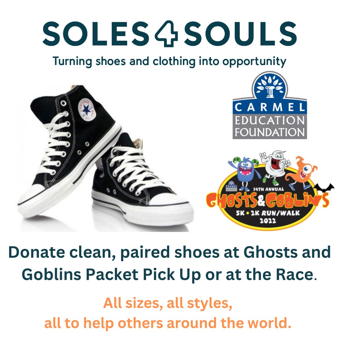 CarmelEdFdn's tweet photo. Bring your shoes to donate at the race, or drop them at one of these drop-off locations before October 22nd:  CCS Education Services Center, CHS Media Centers, the CLLC Fitness Center Lobby, or even at Friday October 21st's Packet Pick Up.   
@Soles4Souls  @myccs https://t.co/1S4ABWWSh0