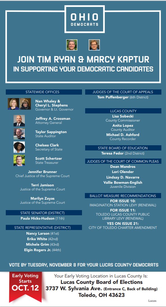 Your 2022 General Election Lucas County Democratic Party Sample Ballot! #WorkersFirst  #Democrats #flipOHblue  <a href="/TimRyan/">Tim Ryan</a> <a href="/Marcy_Kaptur/">Marcy Kaptur</a>  <a href="/nanwhaley/">Nan Whaley</a>  <a href="/JeffaCrossman/">Jeffrey A. Crossman</a>  @TaylorInSEOhio <a href="/ChelseaForOhio/">Chelsea Clark</a> <a href="/schertzer4oh/">ScottSchertzerForOhio</a> <a href="/JenniferBrunner/">Justice Jennifer Brunner</a> <a href="/Jamison4Justice/">Jamison for Justice</a>   <a href="/vote4JudgeZayas/">Judge Marilyn Zayas</a> <a href="/OHDems/">Ohio Dems</a>