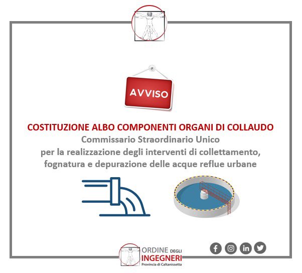 ingegnericl's tweet photo. #ordingcl #OrdIngCL
➡️  avviso per la costituzione di un Albo dei Collaudatori per il Commissario Straordinario Unico degli interventi di collettamento, fognatura e depurazione.
👉 consulta l’avviso 
👇👇👇👇👇👇👇👇👇👇👇👇👇👇

https://t.co/lTwGzN61WV https://t.co/mo8yzYNZDV