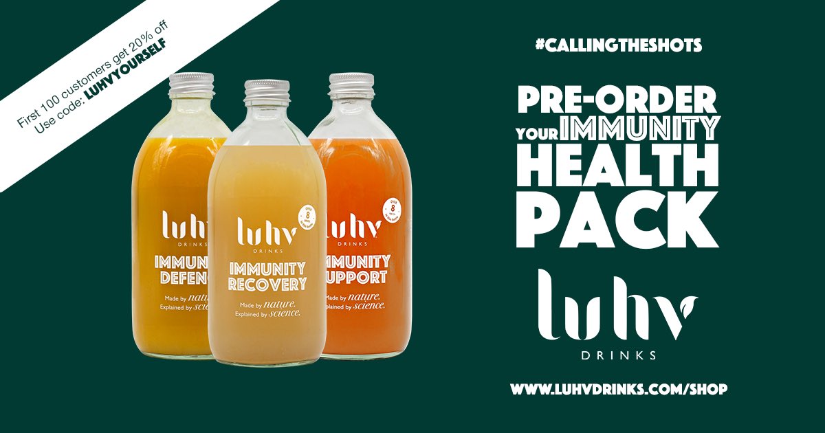luhvdrinks's tweet photo. Start #CallingTheShots 💪 on your IMMUNITY health this winter 🥶  

Pre-order your IMMUNITY health pack https://t.co/66GxZrybmS

#Health #veganhour https://t.co/3jLBIehAaK