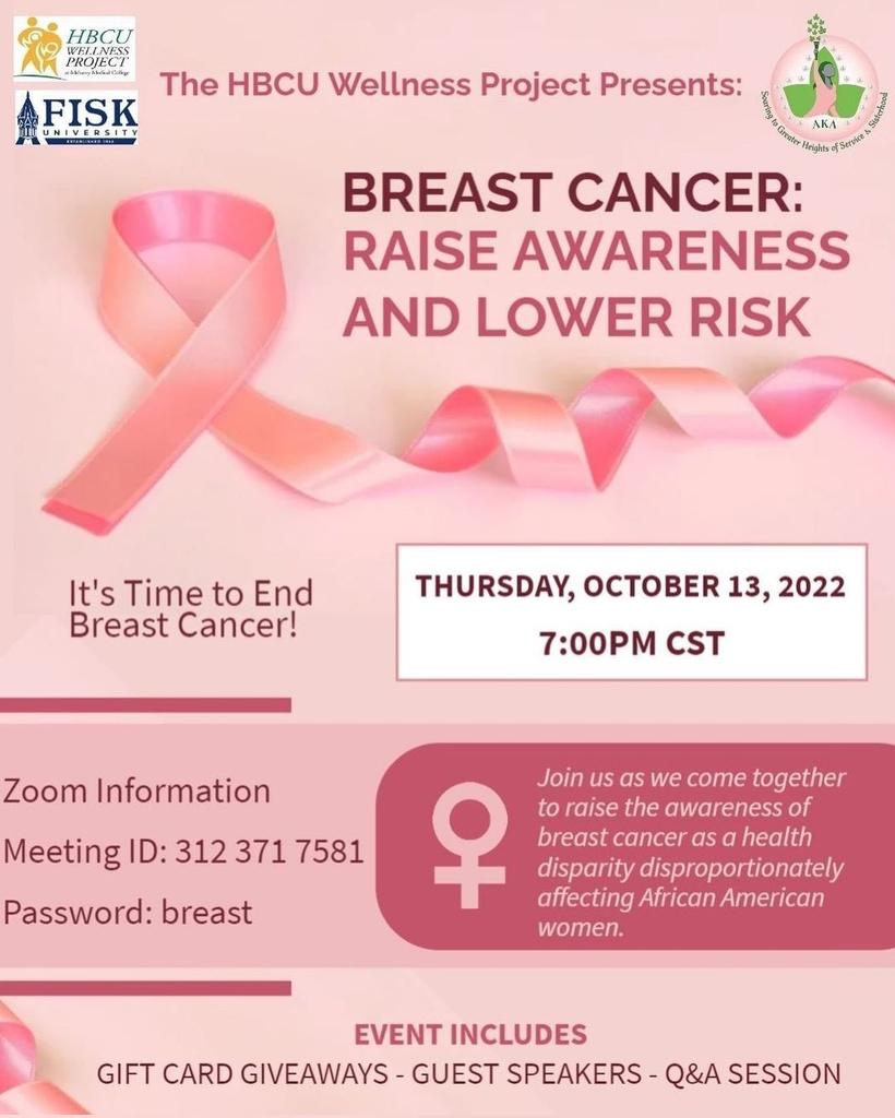 bonbonbonner's tweet photo. This event will have several dynamic guest speakers, gift card giveaways, and a chance to ask any breast cancer related questions to our team of experts. Please join on Zoom this Thursday, October 13th at 7:00 PM CST as we support Breast Cancer Awareness month! 💗
#SoaringwithAKA https://t.co/5MkneJ6Jao