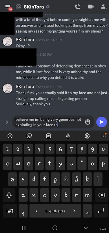 Anon90085745's tweet photo. out on their own. Keep in mind the victim is only 13 years of age when this conversation took place. Tora should NOT be defending their kink to a minor. The way that they're trying to get the victim to agree with demoncest is just disgusting! Tora is almost in her mid 20s! https://t.co/CrebO7p8EP