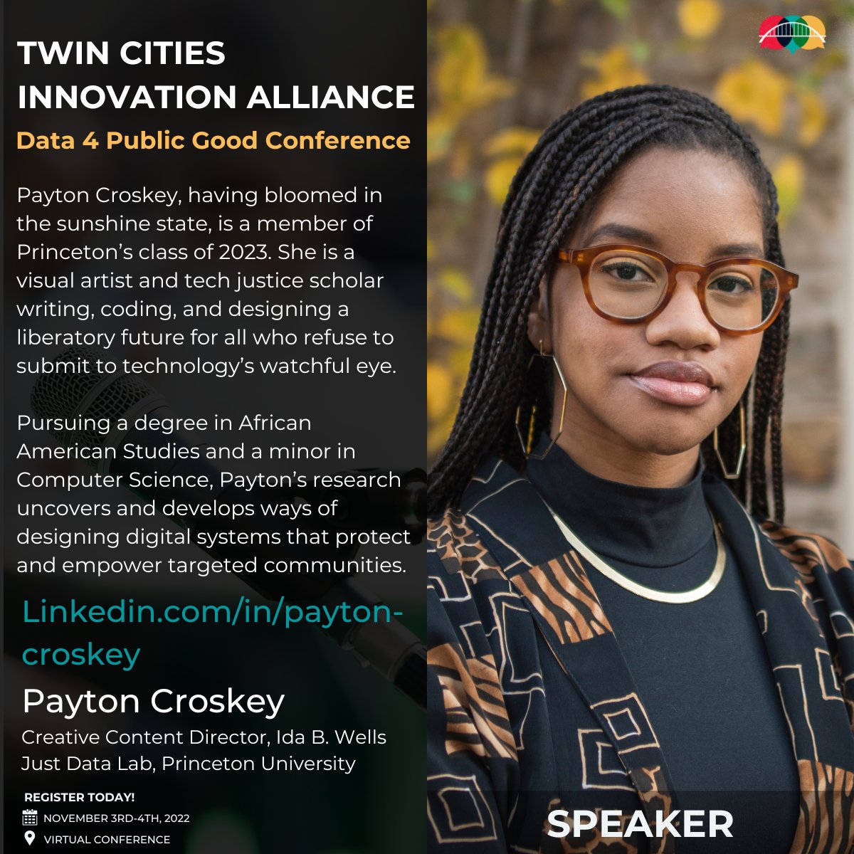 TCIAMN's tweet photo. Just Announced🔊! @TCIAMN 2022 #D4PG Conference Speaker ~ Payton Croskey! Payton is w/the @Princeton Ida B. Wells Just Data Lab!
Register Now: https://t.co/7J0KdqmxZK
#PublicInterestTech #PublicInterestTechTCIA #D4PG https://t.co/G411gS4ycl