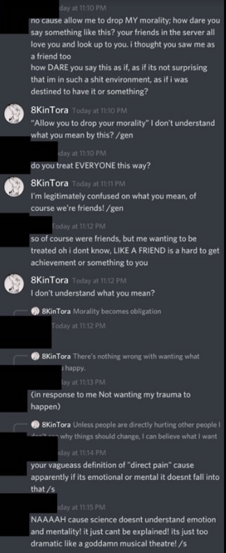 Anon90085745's tweet photo. out on their own. Keep in mind the victim is only 13 years of age when this conversation took place. Tora should NOT be defending their kink to a minor. The way that they're trying to get the victim to agree with demoncest is just disgusting! Tora is almost in her mid 20s! https://t.co/CrebO7p8EP