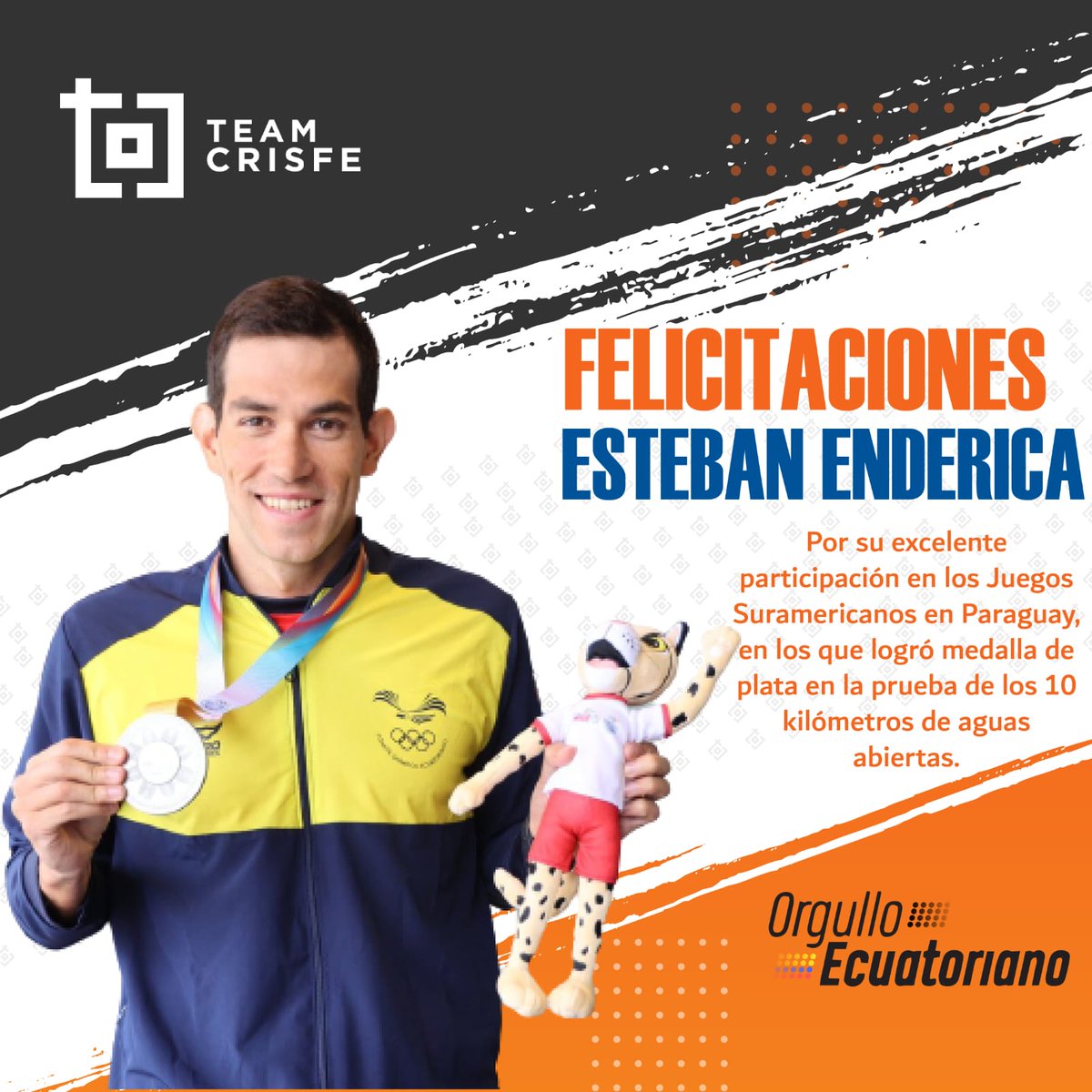 #TeamCRISFE Felicitamos a nuestro deportista Esteban Enderica, quien logró medalla de plata en la prueba de los 10 km aguas abiertas en #JuegosSuramericanos <a href="/asu2022oficial/">Asunción 2022</a> 

Con su ganancia consiguió cupo directo a los Juegos Panamericanos de Santiago 2023. 👏
#Ecuador #Paraguay