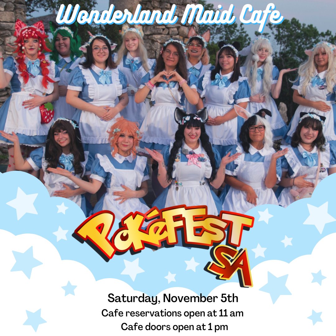 PokeFestSA's tweet photo. WONDERLAND CAFE @ POKÉFESTSA

Introducing @WonderlandMaidCafe, San Antonio's newest and cutest maid cafe! Wonderland will be hosting a cafe at pokefest sa, there will be no tickets for sale as there will be a reservation system!

Full info @ https://t.co/R1Lm3KOxE6 https://t.co/lvS2QQkZet