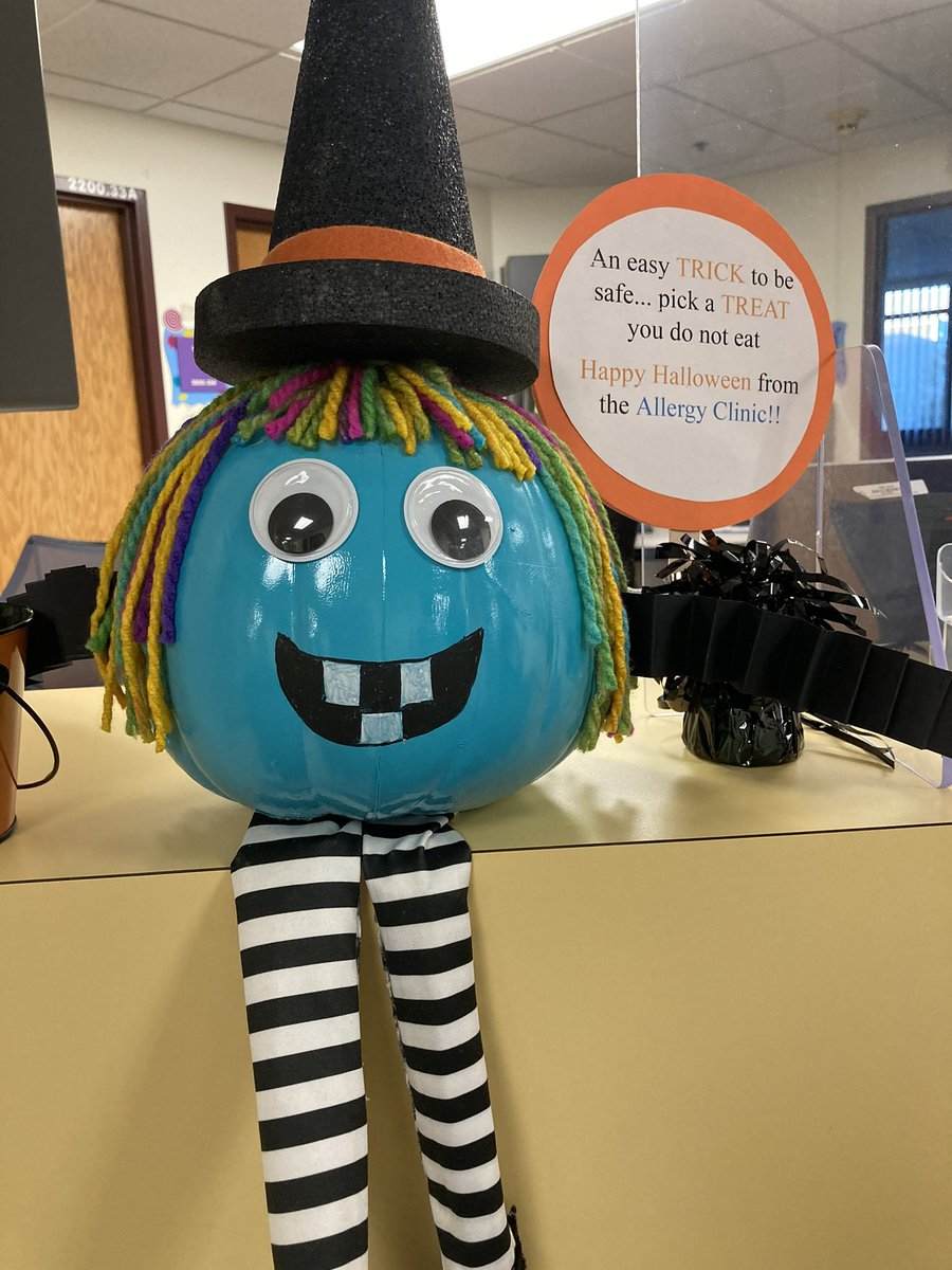 Our friendly teal pumpkin witch has returned to the Allergy Clinic for the Halloween season. #tealpumpkinproject  @FoodAllergy @ChildrensMercy @breatheKC