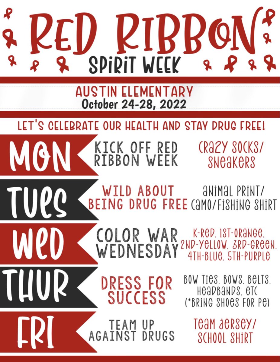 Red Ribbon Week is two weeks away! Start planning for your dress up days! <a href="/abileneisd/">Abilene ISD</a>