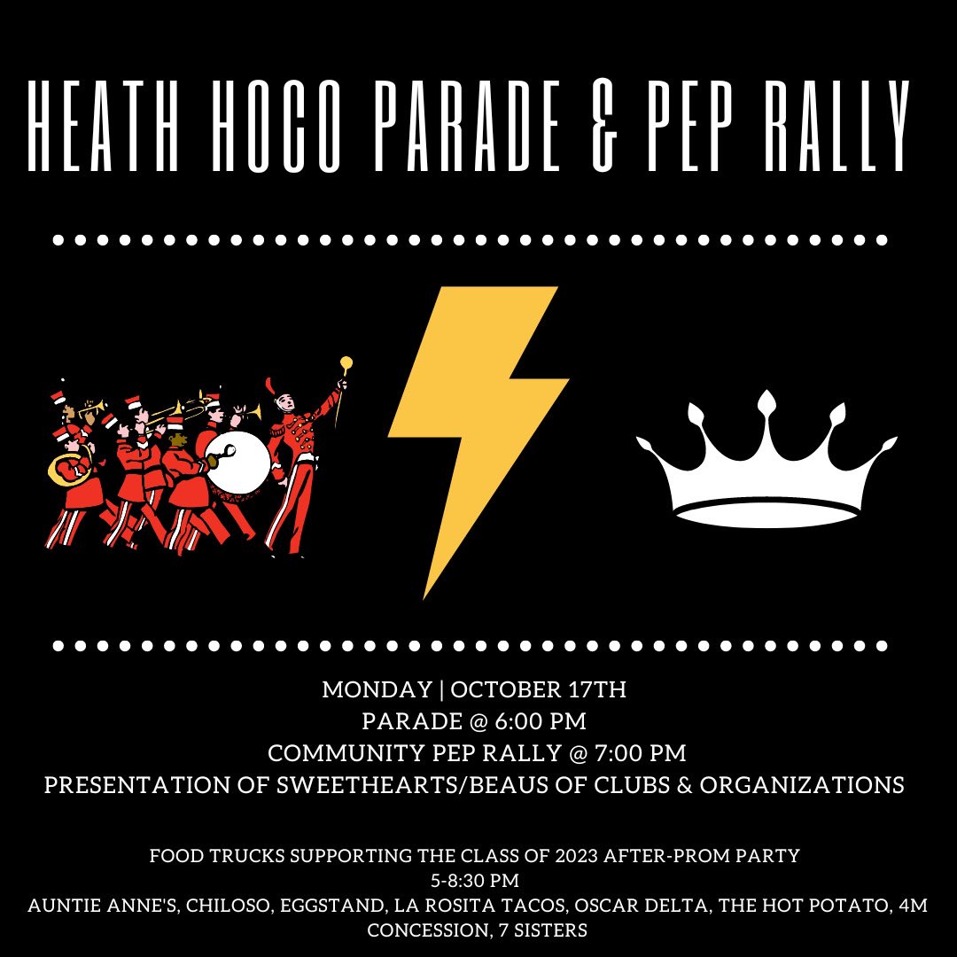 STUCOHeath's tweet photo. HOCO Parade &amp; Pep Rally! 
Sweethearts &amp; Beaus will be announced after the parade!! 
Come out and ⚡️ROCK ⚡️ with us!! @RHHSHawks https://t.co/DNsqVMCENg