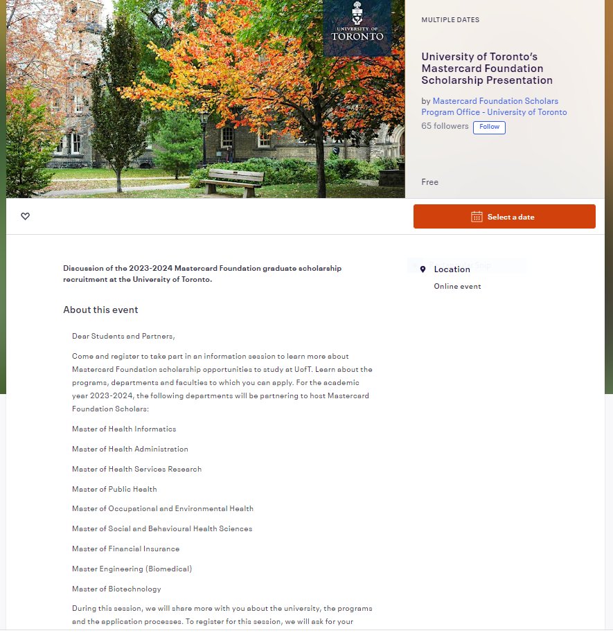 The Mastercard Foundation Scholars Program at the University of Toronto <a href="/UofT/">University of Toronto</a> will be accepting applications for several health-related master's programs in the 2023–2024 academic year. 
Join the upcoming info sessions- eventbrite.com/e/university-o…
More info- internationalexperience.utoronto.ca/global-learnin…