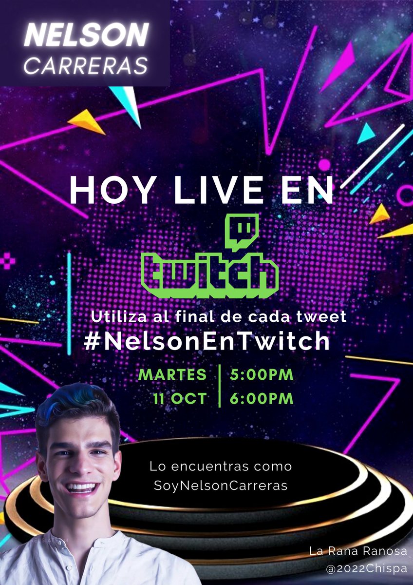 Ranofilos hermosos!! HOY, si HOY a pocos minutos tenemos LIVE en twitch con <a href="/SoyNelsonC/">Nelson Carreras Oficial</a> 

Dale RT, comenta y comparte esta publicación para que más personitas lo puedan disfrutar también! 

m.twitch.tv/soynelsoncarre…