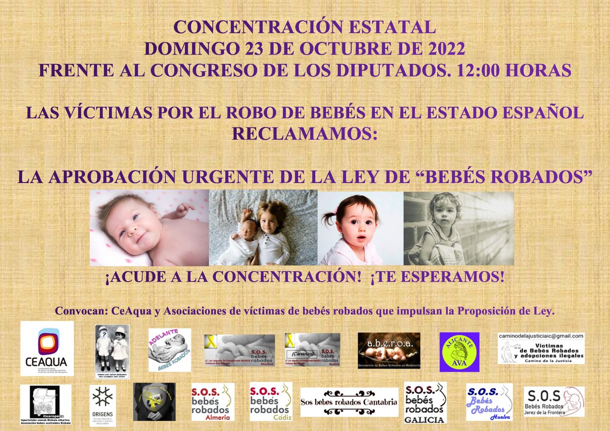 ¡LEY DE BEBÉS ROBADOS, YA!

Os esperamos el domingo 23 de octubre, a las 12:00 horas, frente al Congreso de los Diputados.

En los próximos días os iremos compartiendo más información del acto que se va a realizar durante la concentración.