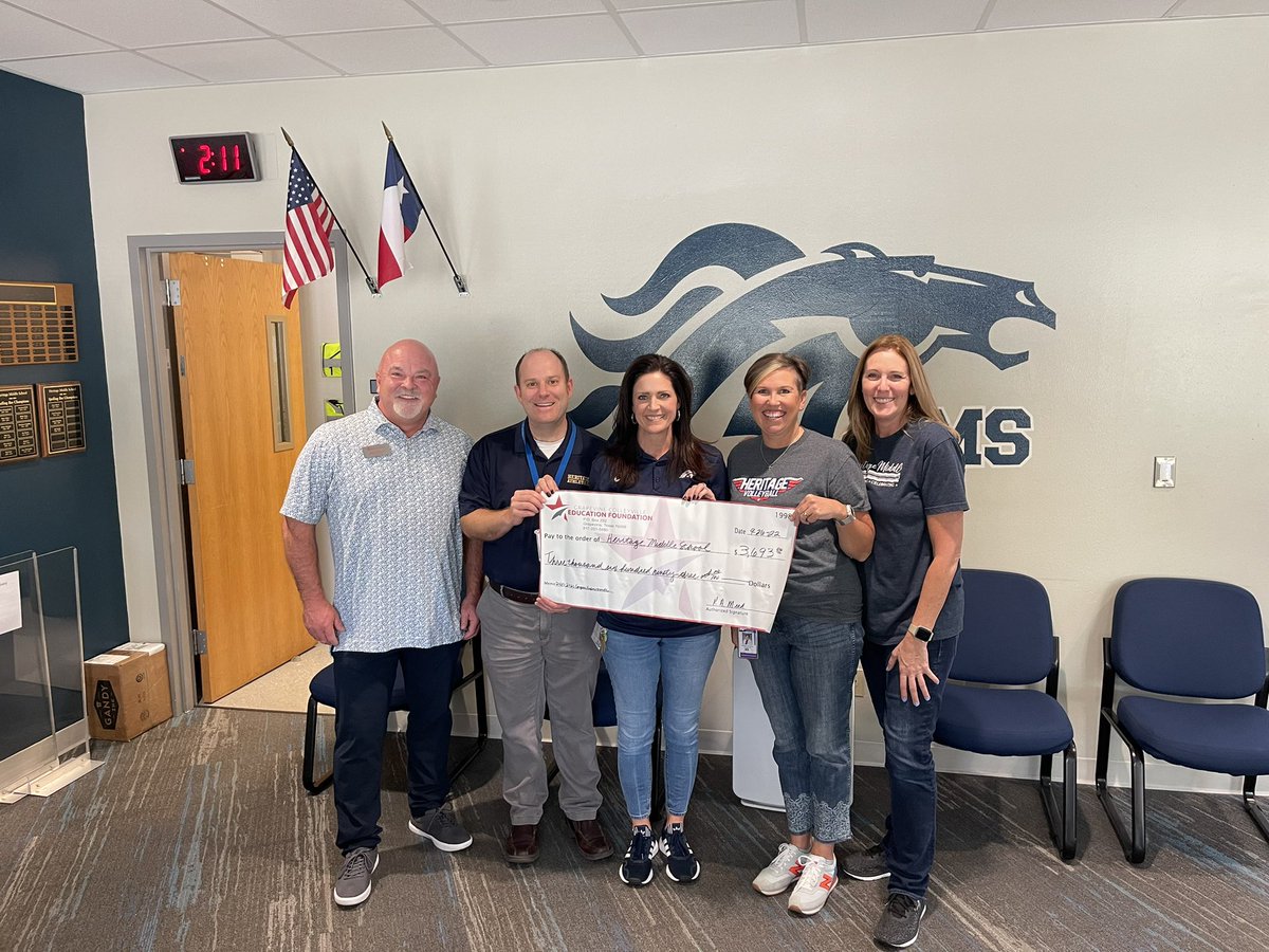 Thank you <a href="/GCEdFoundation/">Grapevine-Colleyville Education Foundation</a> for the HMS Endowment interest check today! We appreciate all you do for our school! <a href="/HeritageBroncos/">Heritage Broncos</a> #ProudToBeABronco