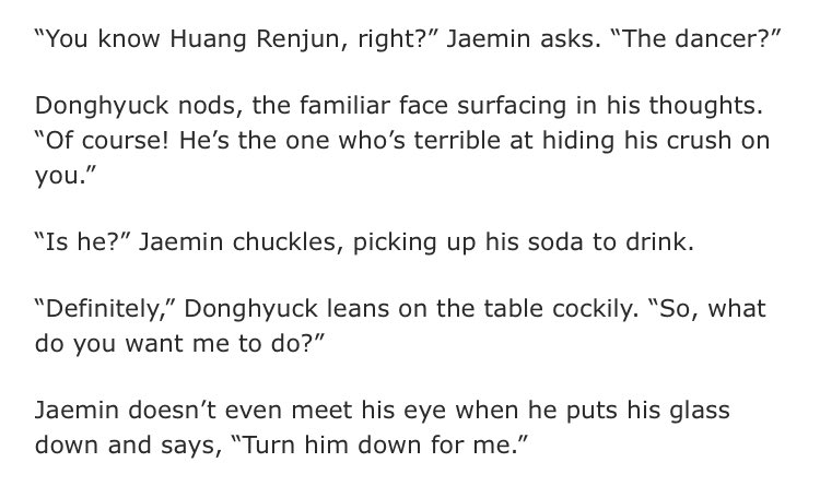 temporary thread til i finish it hehe i’ll make a fic tweet once it’s complete 🐻🦊 archiveofourown.org/works/42060246… (or, a renhyuck au where donghyuck is bribed to reject jaemin’s admirer on jaemin’s behalf, and things don’t go as planned) for @nct00fest