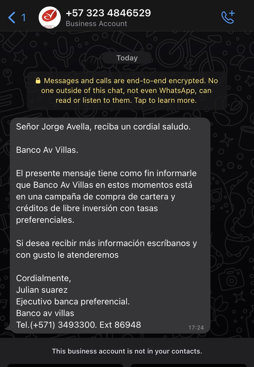 jaavella's tweet photo. Estimado banco @Banco_AvVillas 
Cómo les hago entender que no estoy interesado en ningún producto de ustedes… 
Hoy ha sido de múltiples llamados y ahora por WhatsApp ?  Que debo hacer para dar de baja mis datos personales ? @sicsuper https://t.co/qKtPU3bN4K