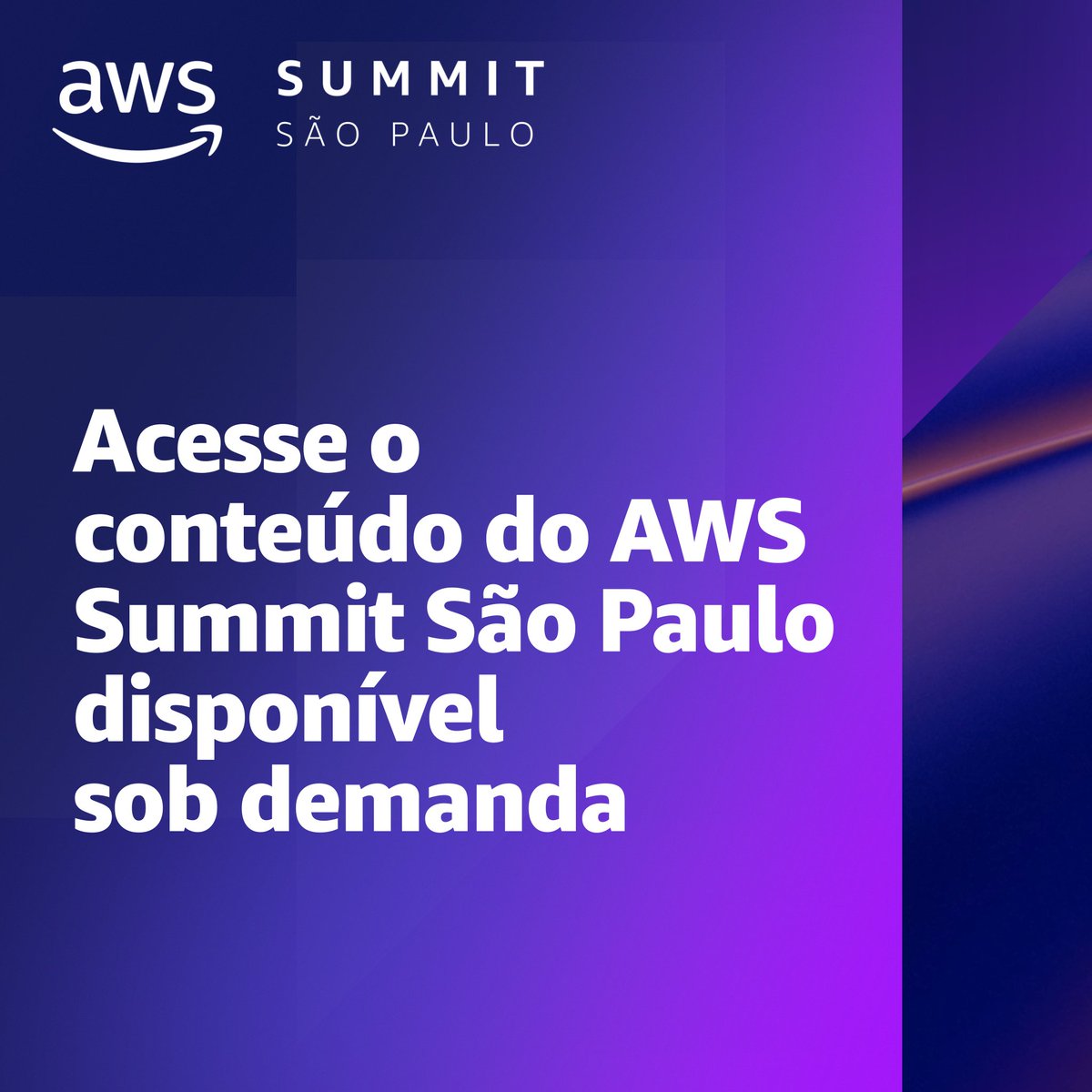 💻 Acesse o conteúdo sob demanda e relembre os principais tópicos abordados durante o Summit São Paulo. go.aws/3El0USL