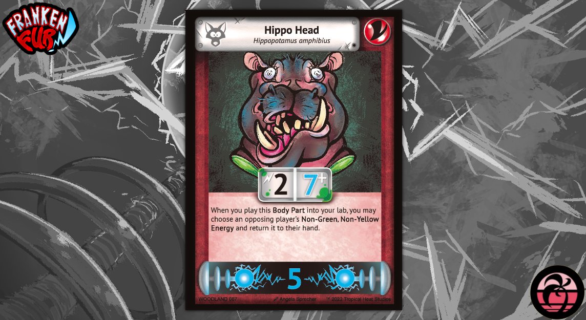 Frankenfur's tweet photo. Welcome to the League of Mad Scientists! 
Let's get to know some of our tools to make a creature, shall we? The Hippo Head is a Body Part that will help you get an advantage by removing Energy from an opposing creature! #FrankenFur #tabletopgaming #cardgame https://t.co/u2couT22BI