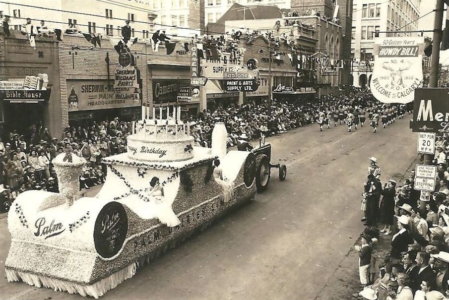 The 100 block of 7th Ave SW looking west during the 1955 Stampede parade.
Under the current redevelopment proposal, the buildings shown here would all be demolished, with the exception of the Central United Church at the far end.
(An aside to <a href="/helenipike/">Helen Pike</a>- a few more white hats!)