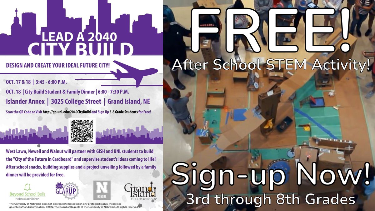 We are excited to invite Newell, West Lawn, and Walnut students in 3rd- 8th grades to participate in the FREE City Build 2040 STEM project on Monday October 17th and Tuesday October 18th, 2022 from 3:45pm - 6:00pm. SIGN-UP HERE: go.unl.edu/2040CityBuild #KnightsofNewell
