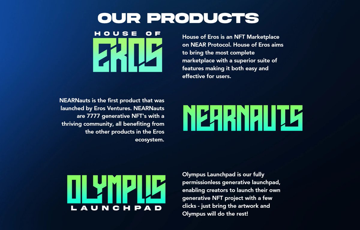 ErosVentures's tweet photo. Welcome to Eros Ventures, formerly The AstroVerse Collective

Home of the @NEARNauts

Building @OlympusNEAR and @ErosNEAR, offering 50% revenue sharing to NEARNauts Gen 1 https://t.co/DOjWomu9Kb