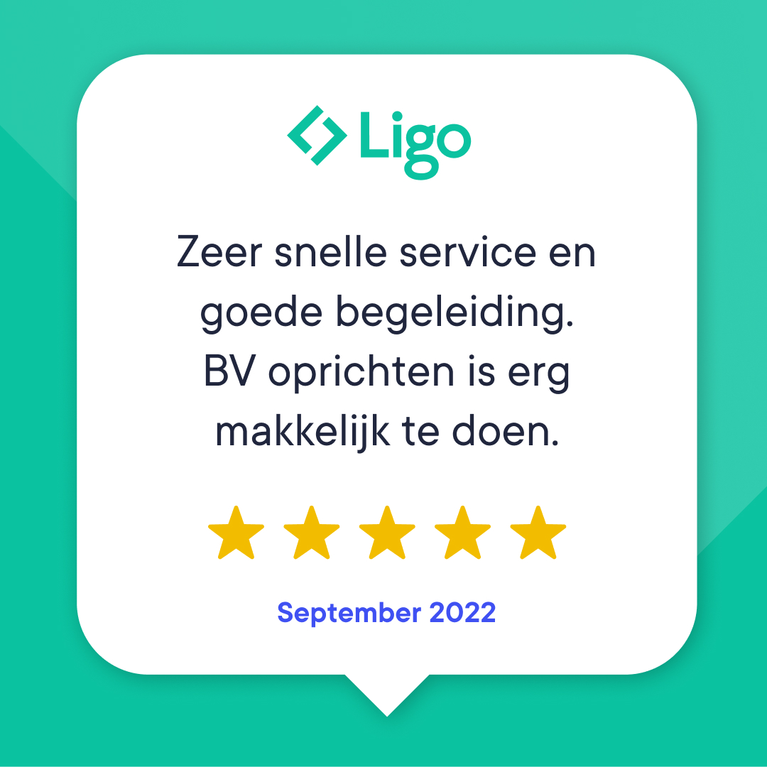 ⭐⭐⭐⭐⭐

Je hoort het! Bij Ligo zet je je BV snel en gemakkelijk digitaal op. Ons team van legal consultants staat 7 dagen per week klaar om jou te begeleiden  💚

Start hier met het oprichten van jouw bedrijf👇
ligo.nl/bv-oprichten