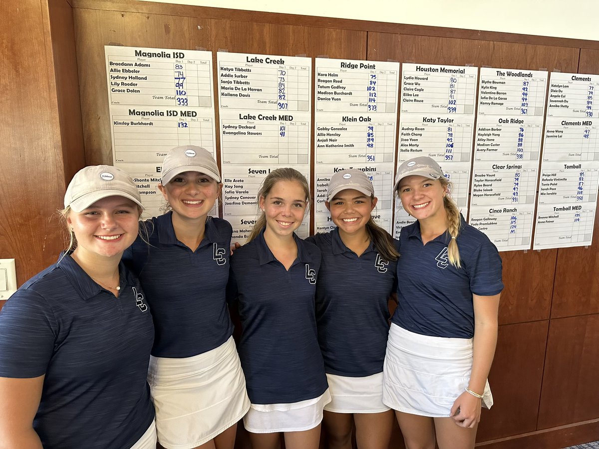 LakeCreekgolf1's tweet photo. ✅Tournament Champions! The varsity girls fired an 18 hole school record of 307 and a 36 hole school record of 620! Katya Tibbetts with a 70, 78 to WIN the individual championship. Addie Surber 73, 78 takes 2nd place! On to the State Preview in November for these girls https://t.co/mPtEbjaNiE