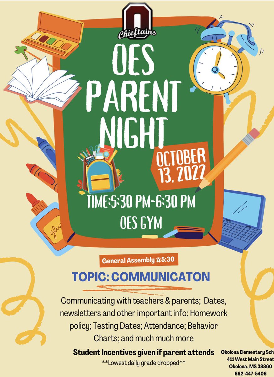 OkolonaE's tweet image. Upcoming Parent Night on Thursday, October 13,2022. 5:30-6:30! We can’t wait to see you there! 

#oesistheplacetobe #steptosuccess
#chieftainpride #WildAboutLearning #bettertogether