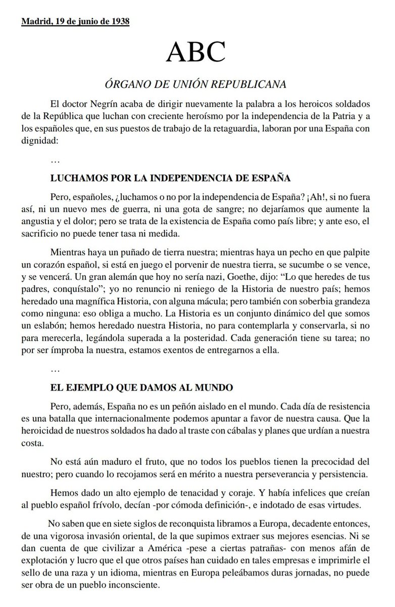umilpesari's tweet photo. Vuelvo a celebrar el Día de España y de la Hispanidad compartiendo estos fragmentos que digitalicé de un discurso olvidado del que fuera presidente de la República durante la Guerra Civil, el doctor y gran-canario don Juan Negrín.

¡Viva España y vivan nuestros pueblos hermanos! https://t.co/QbtRaYaumZ