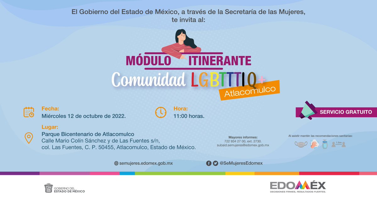 SeMujeresEdomex's tweet photo. ¡Acércate al Módulo Itinerante Comunidad #LGBTTTIQ+, este 12 de octubre en Parque Bicentenario #Atlacomulco, brindaremos:
 
🏳️‍🌈 Plática en conmemoración del "Día para salir del armario".
🏳️‍🌈 Vinculación y canalización ante dependencias del @Edomex.

#SeMujeresEdoméx https://t.co/n9LhhguaAI