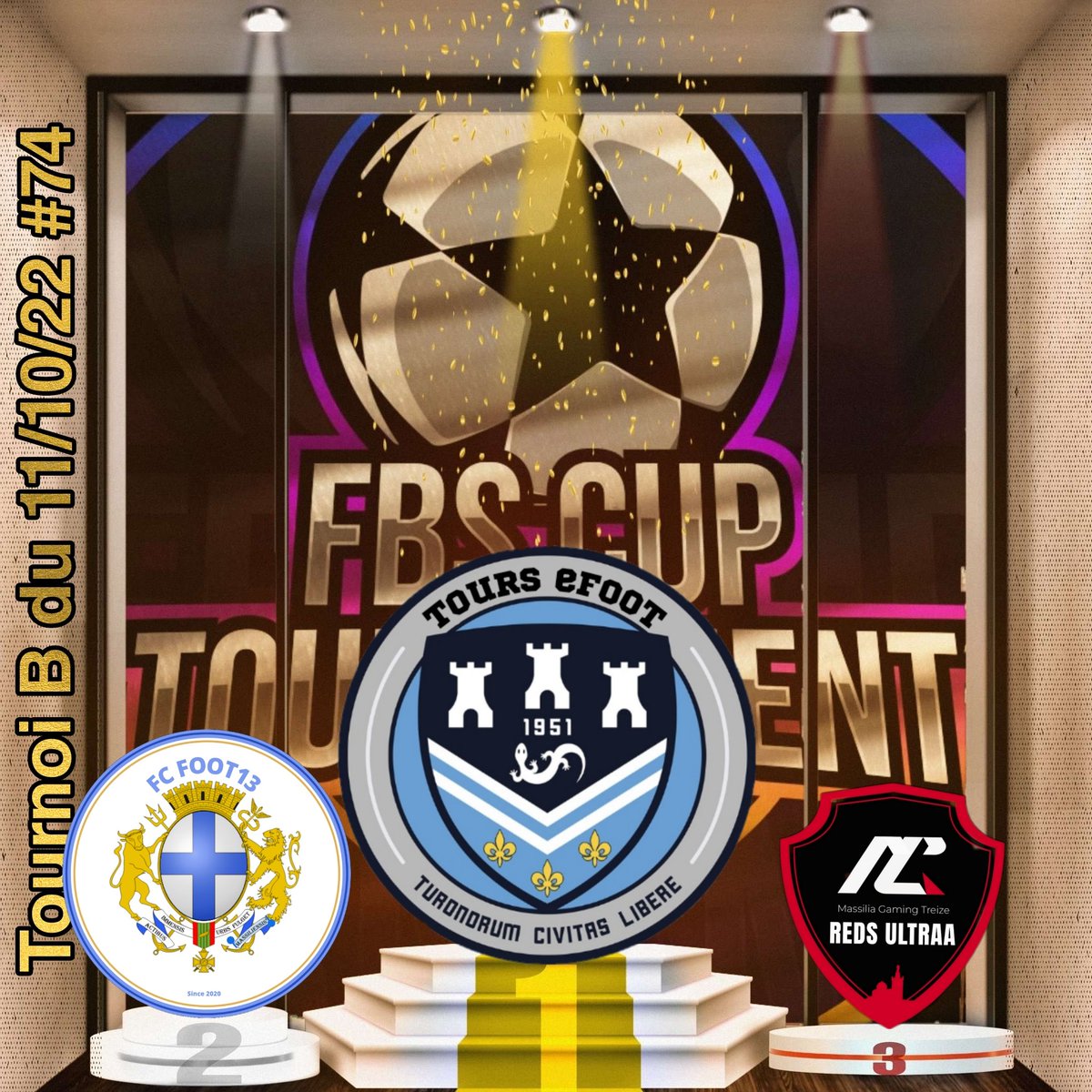 Voici les podiums de la 74 ème éditions de la FBS CUP 

TOURNOI A : 

🥇 @Fuzion_eFoot
🥈 <a href="/MhscPro/">MONTPELLIER HSC PRO CLUB</a>
🥉 <a href="/TigerhawkEsport/">TIGERHAWK Esport</a> 

TOURNOI B : 

🥇 <a href="/GM_TOURS_AC/">Chak / Tours WK</a> @Eklos004
🥈 <a href="/FCFOOT13esport/">puliga loic</a>
🥉 <a href="/REDSUNITEDOFF/">MGT REDS ULTRAA 🔴⚫</a>

Bien joué au 48 participant de ce soir et merci pour votre sérieux 🙏