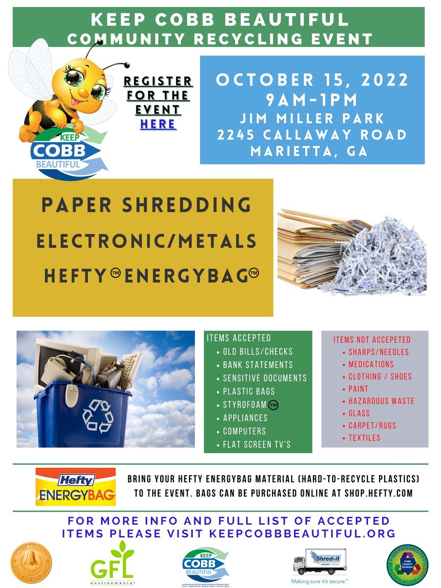 Last major recycling event for 2022!  Link: cobbcounty.org/keep-cobb-beau…

#mariettaga #mabletonga #kennesawga #powderspringsga #austellga #acworthga #smyrnaga