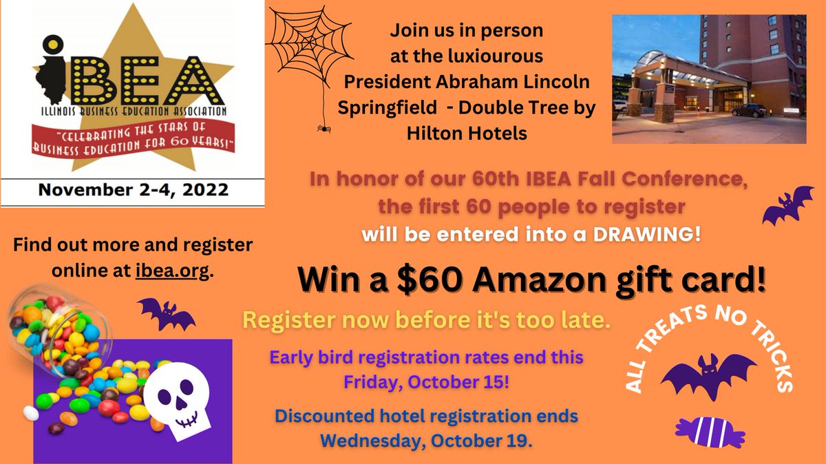 IllinoisIBEA's tweet photo. Many exciting things scheduled for our 60th annual Illinois Business Education Association Conference. Join fellow business educators in Springfield, Illinois, Nov 2-4. Register now to receive Early Bird discounts for conference and hotel at https://t.co/H14mS45Lj7.  #IBEA2022 https://t.co/iRE7sBjF7z