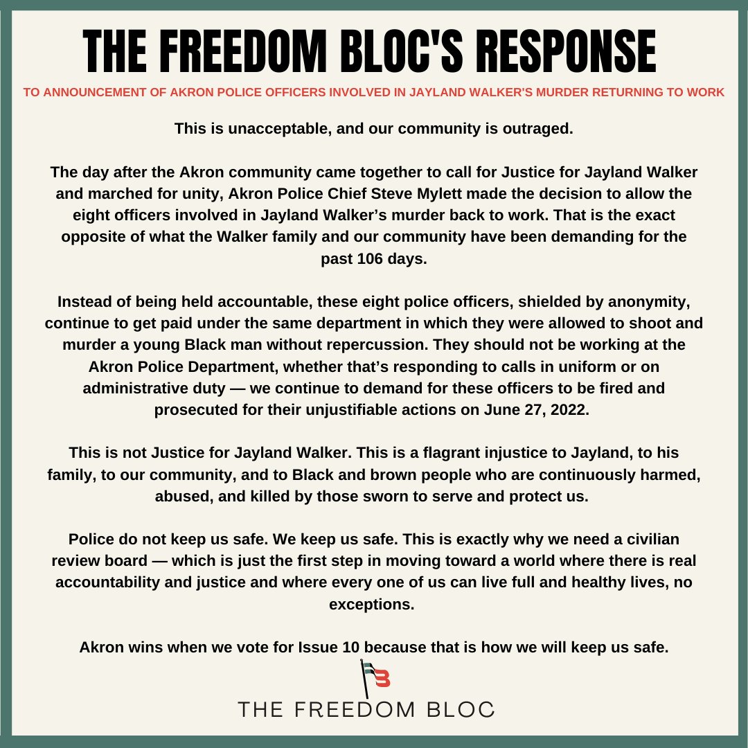 thefreedomBLOC's tweet photo. The Freedom BLOC's response to announcement of Akron police officers involved in Jayland Walker's murder returning to work. #justiceforjayland #akronpolice #voteissue10 https://t.co/ua6AT7vpqJ