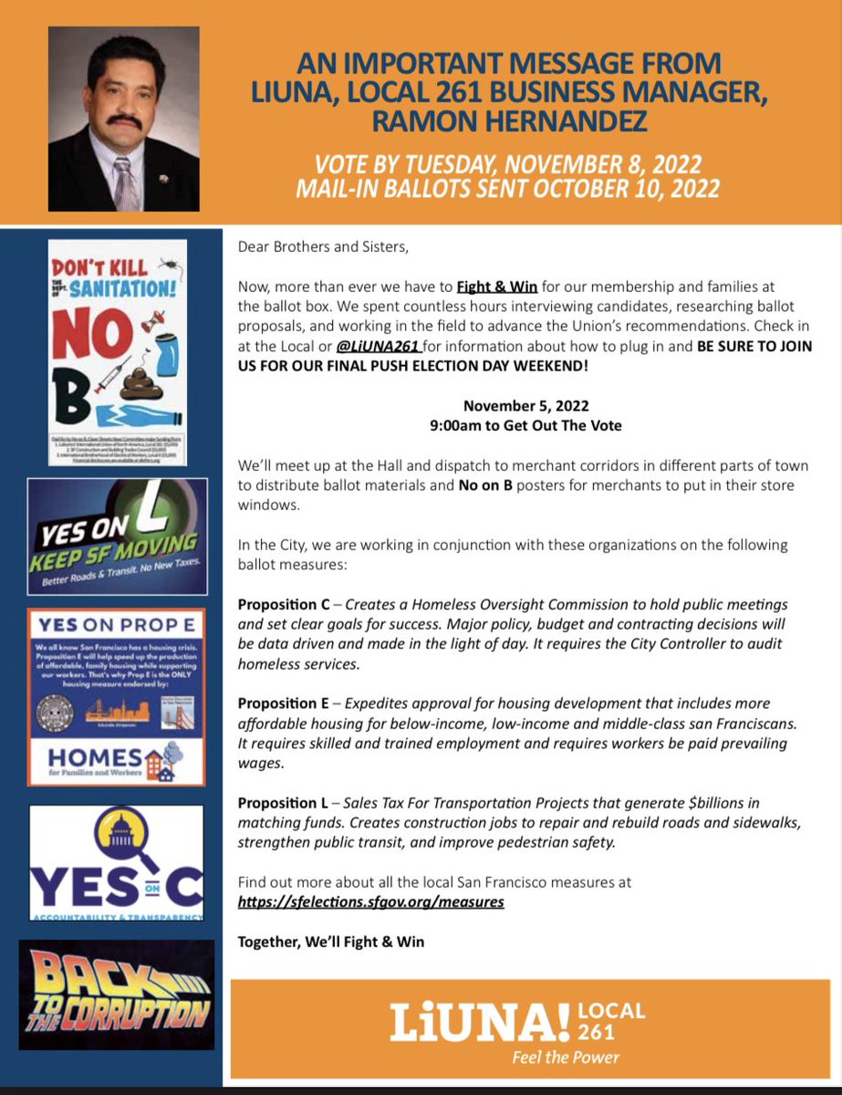 LiUNA261's tweet photo. We’re doing our part to Get Out the Vote and save the City from government corruption, clean our streets, & invest in infrastructure that’s good for everybody! #VoteNoOnB #YesOnC #YesOnE & #YesOnL #GOTV🇺🇸 https://t.co/0TnUQkucBI