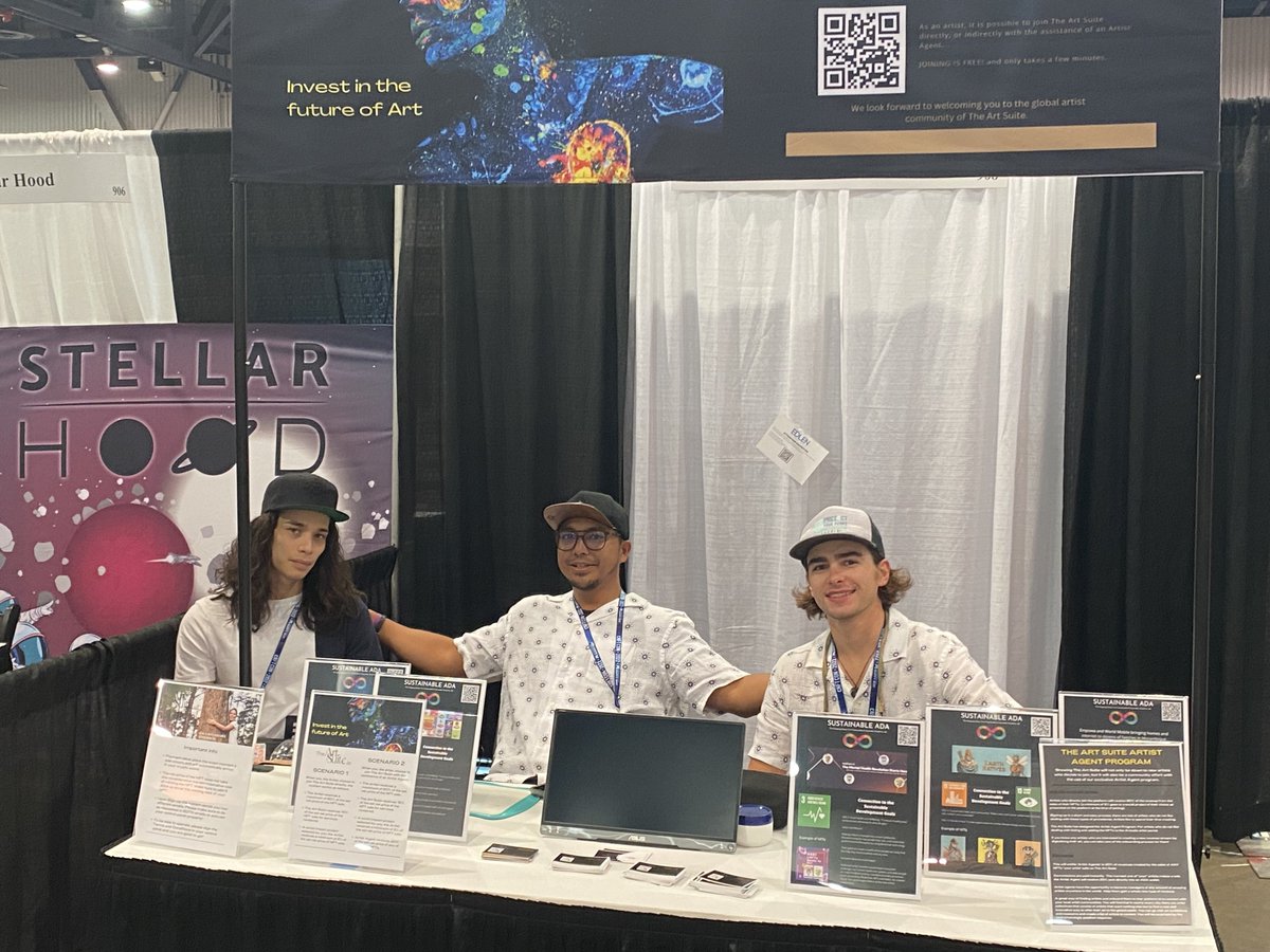 From right to left The Art Suite proudly presents team members <a href="/cole_vt/">Cole Bartlett</a> and <a href="/Razlosophy/">Purpose Driven Founder - RAZ 🉐</a>  in a collab with <a href="/SustainableADA/">Sustainable ADA</a> at <a href="/cNFTcon/">cNFTcon is now NFTxLV!</a> Vegas.
Special guest appearance by the ever awesome #Cardano icon <a href="/Shao5_/">Fabrizio Shao</a> 

*Photo courtesy of @bigezdaddy