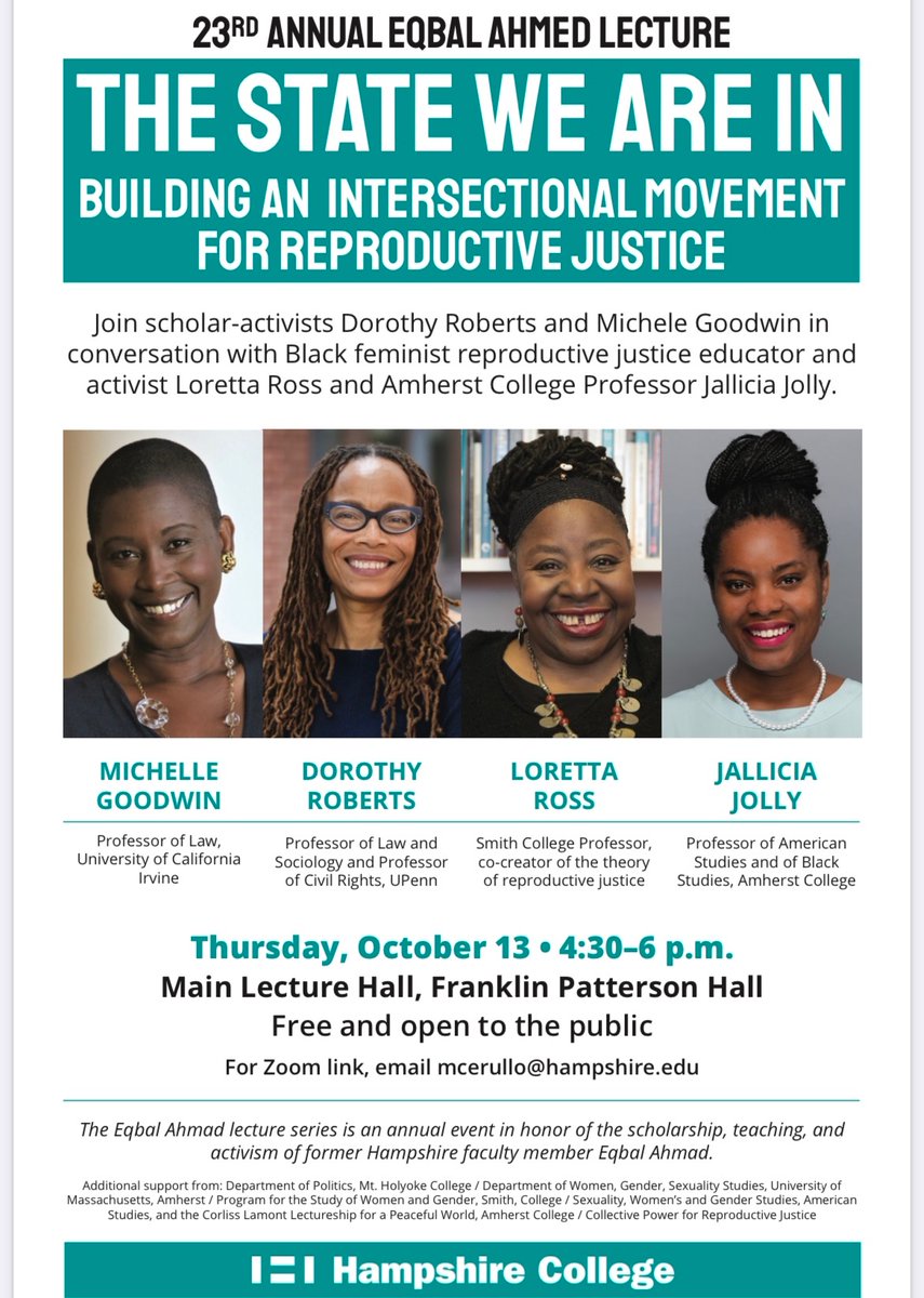 A timely conversation, a necessary intervention.

Honored & excited to share the stage & knowledge on all things reproductive justice & movement-building with trailblazing Black women scholars & activists on Oct 13th at 4:30pm @hampshirecolg!
#ReproductiveJustice
#SocialMovements