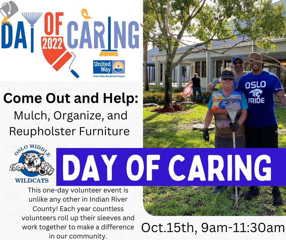 <a href="/OMS_Connected/">Oslo Middle School</a>  United Way Day of Caring is this Saturday, from 9:00am-11:30am at Oslo Middle School.  Please come out and volunteer! We will be beautifying our campus inside and out!  If you have any questions please call 772-564-3980. @IRCSchools @SDIRC_SUP <a href="/CraigKinsley1/">Craig K</a>
