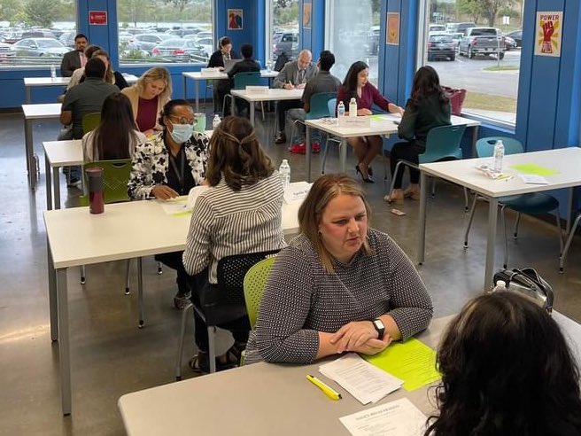 FWISD_CTE's tweet photo. The interview is the most important part of the hiring process. Our 2022-23 Mock Interview series began today at @mcchsfw with assistance from our #VitalLink partners at  @bankofamerica, @crsmithmuseum, @TCCollege and @FortWorthISD!
#partnershipsmatter
#cteworks
#gspoc https://t.co/nOmWXZDIwB