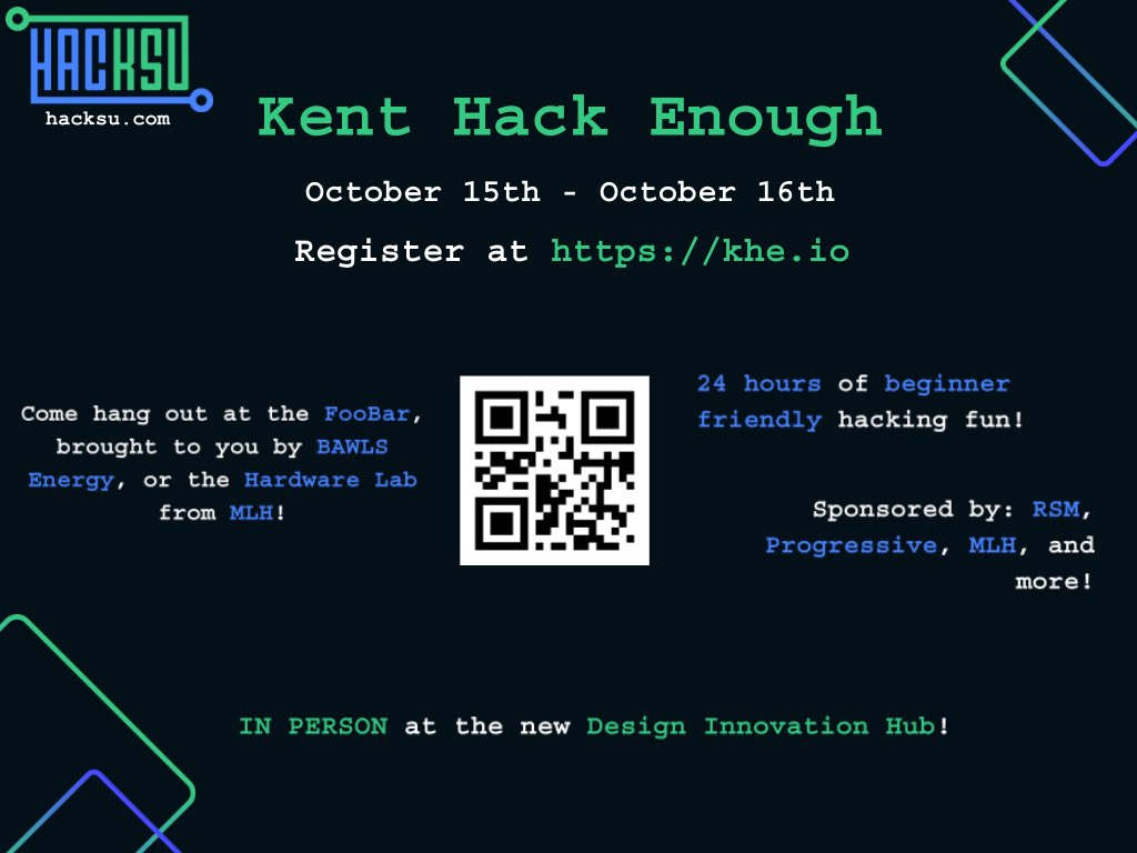_hacksu's tweet image. KENT HACK ENOUGH 2022 is just 5 days away!! Be sure to register for the event at khe.io/register 

JOIN US FOR OUR FIRST IN-PERSON HACKATHON SINCE THE GLOBAL PANDEMIC!! 💻

#KHE2022