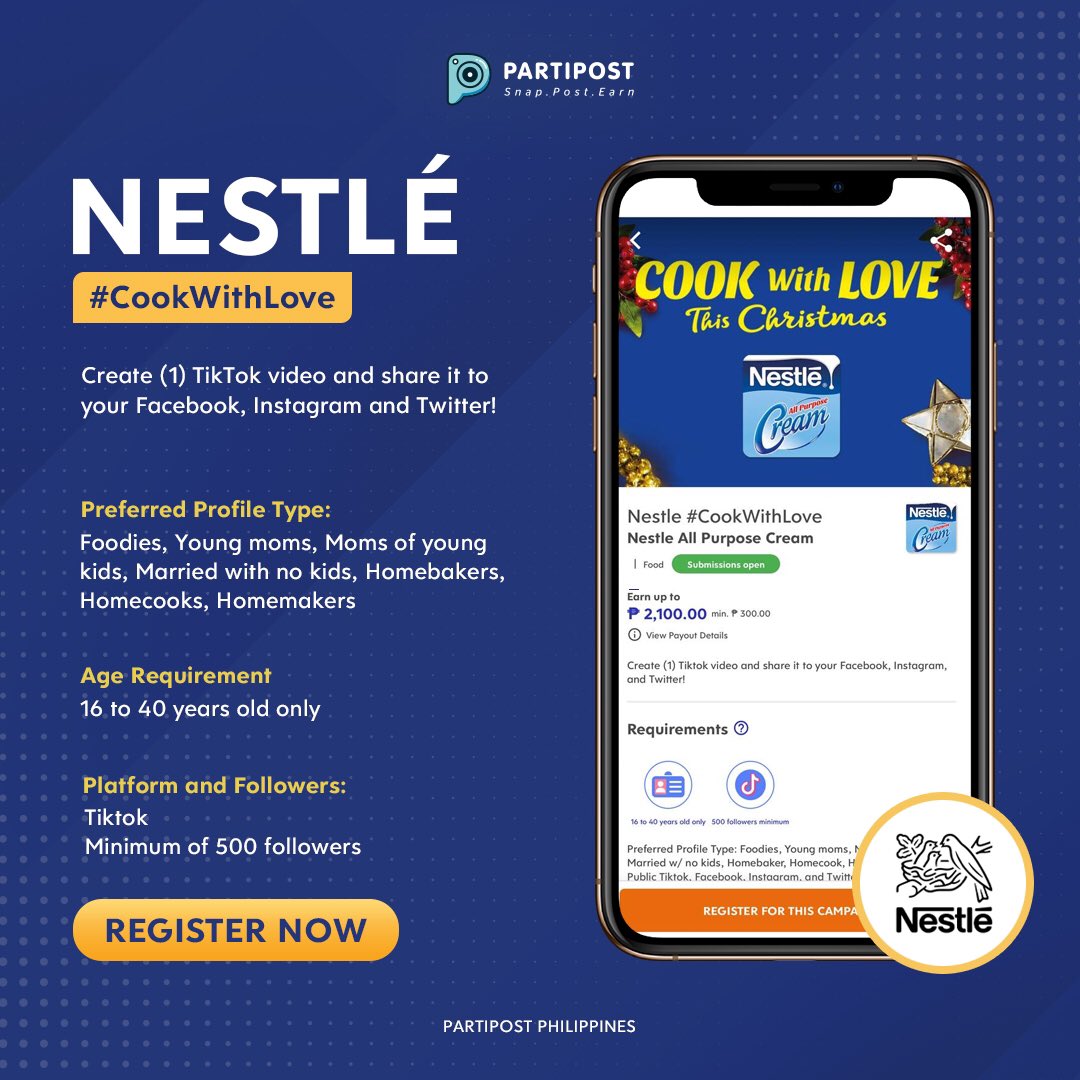 partipostph's tweet photo. REGISTRATION IS EXTENDED! ⏰
This might be your last chance to join the Nestle #CookWithLove campaign and to earn PHP 2,100! 📲😳
Click here to REGISTER NOW! https://t.co/xr8u0NG7I4
#Partipost #PartipostPH #Nestle #CookwithLove https://t.co/UPbZMgZEKu
