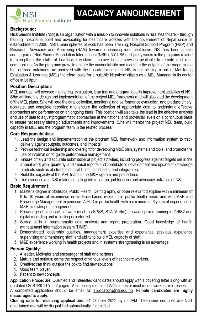 NickSimonsInst's tweet photo. Vacancy Announcement for the Position of MEL Manager. https://t.co/4NFdG5lgz3