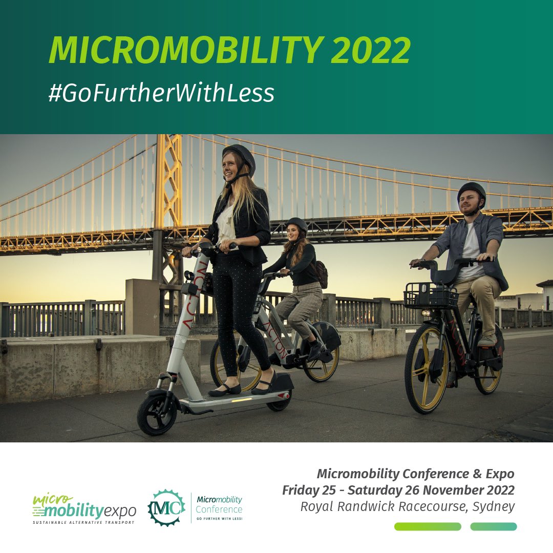 MicromobilityAU's tweet photo. Australia's first dedicated Micromobility Conference &amp; Expo 2022 🛴 is around the corner. Join us on November 25 and 26 at the Royal Randwick Racecourse Sydney for an innovative weekend focused on the next transport revolution! ♻️ #MicromobilityAU #GoFurtherWithLess https://t.co/pVzMHkJpgx