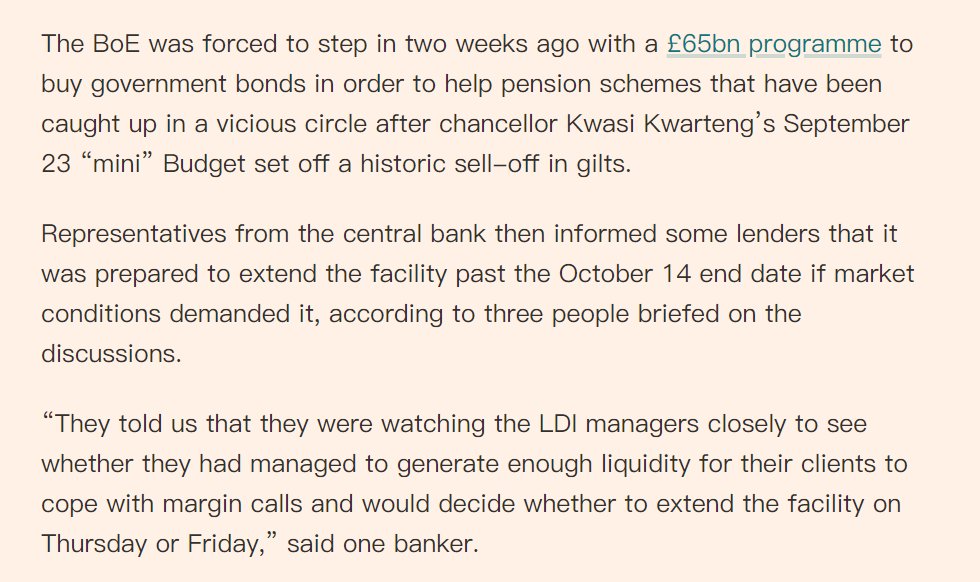 #刚刚 “三天时间”还有后续。FT报道称英国央行代表通知部分银行，如果市场条件需要，它准备延长购债安排至10月14日之后。英镑迅速拉升百点。
英国央行行长贝利昨日称，干预是暂时性的，将结束购债，投资者还有三天时间做好最坏准备。讲话重挫风险情绪，隔夜英债大跌掀动市场。