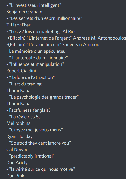 crypto_futur's tweet photo. @CryptoPicsou Ceux que j'ai préférés, il y a un peu de tout, mais surtout du mindset et de la finance. https://t.co/jxcjyDMWoF