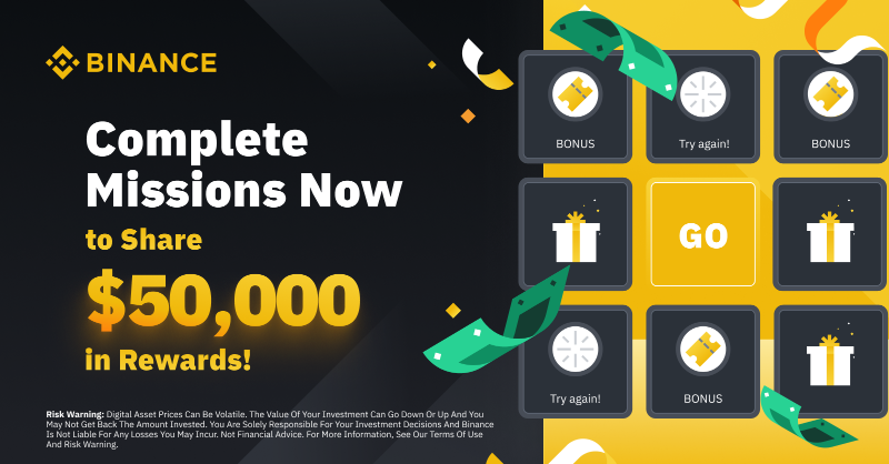 binance's tweet photo. Complete missions now to share $50,000 in rewards!